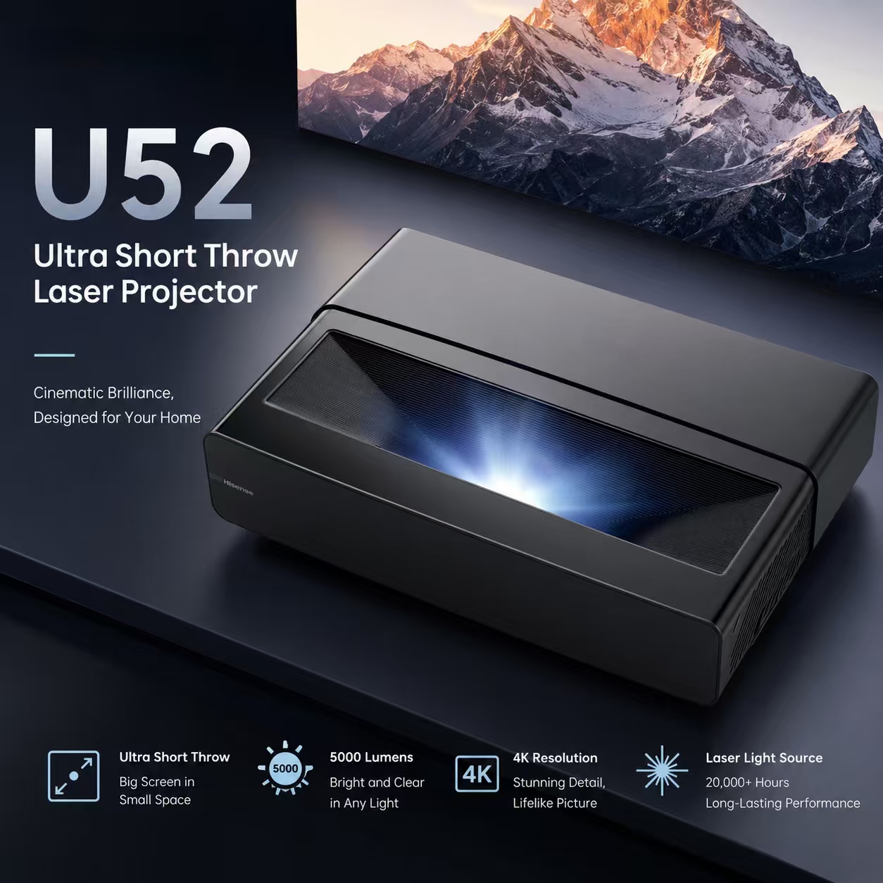 Home Cinema Ultra Short Throw Projector - Проектор U52 4K DLP, 5300 люмен,