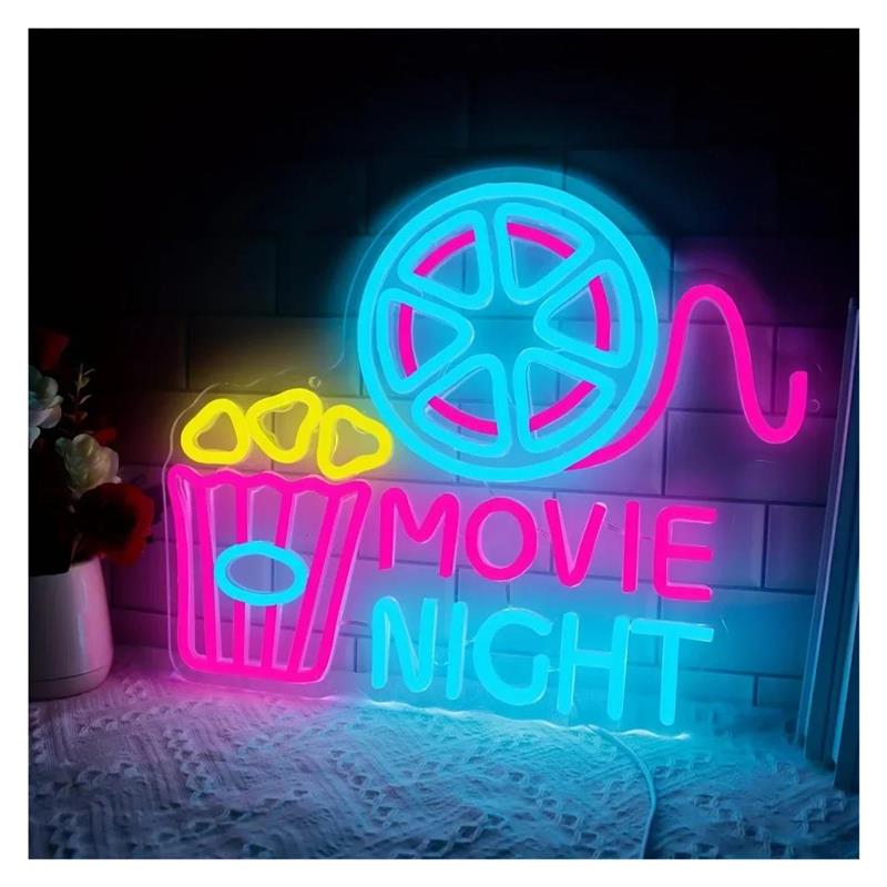 Home Cinema Today - Неоновая вывеска «Киновечер» с изображением попкорна,